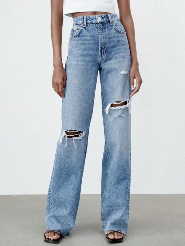 Youth Brand versatile ripped blue wide leg jeans